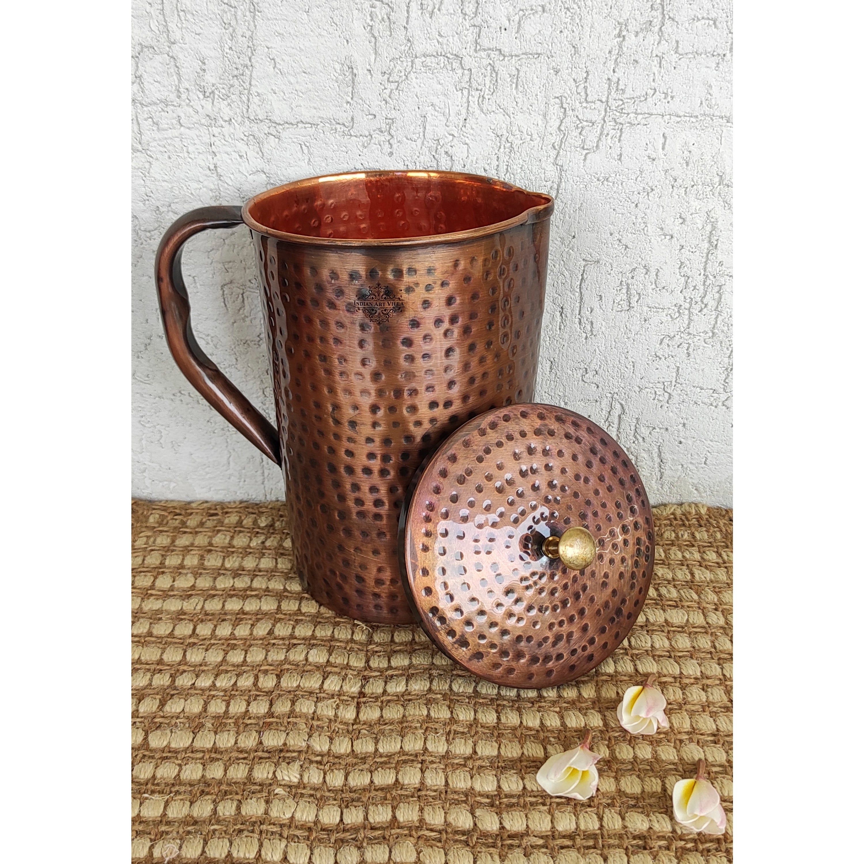 Pure copper hammered antique design jug, pitcher with brass knob on lid dark hammered, 1500 ML